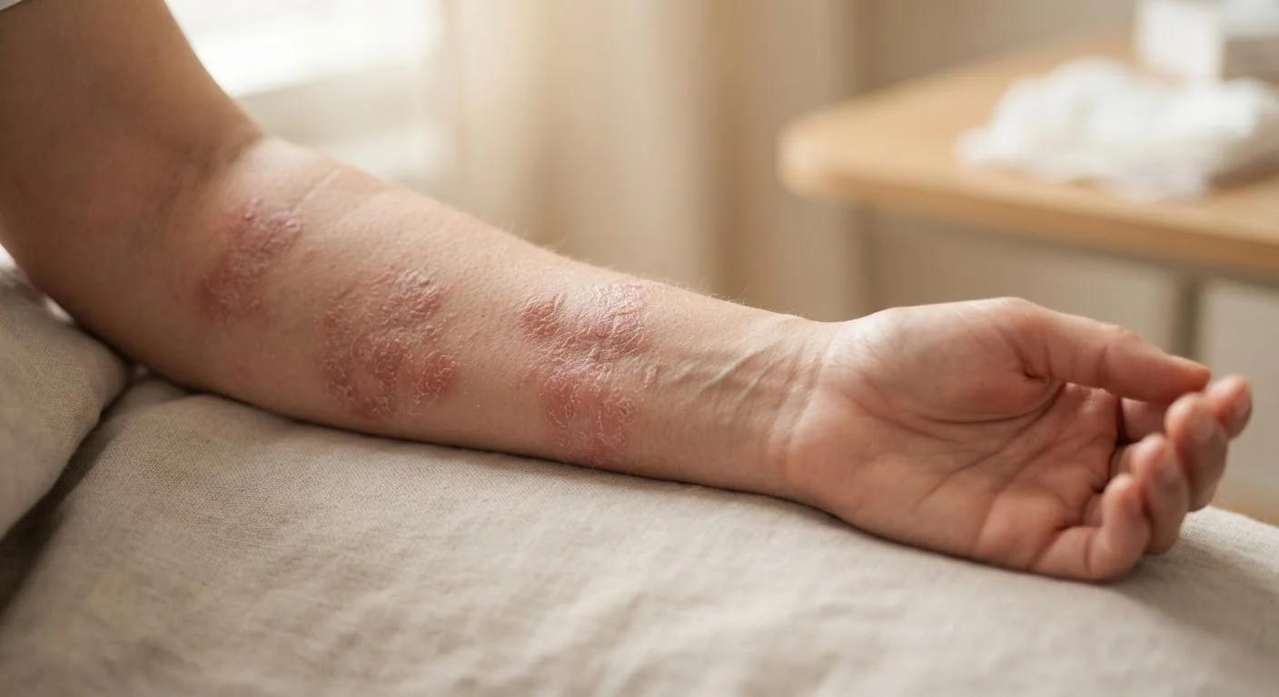 Adult forearm showing dry, reddened skin patches characteristic of eczema flare-up