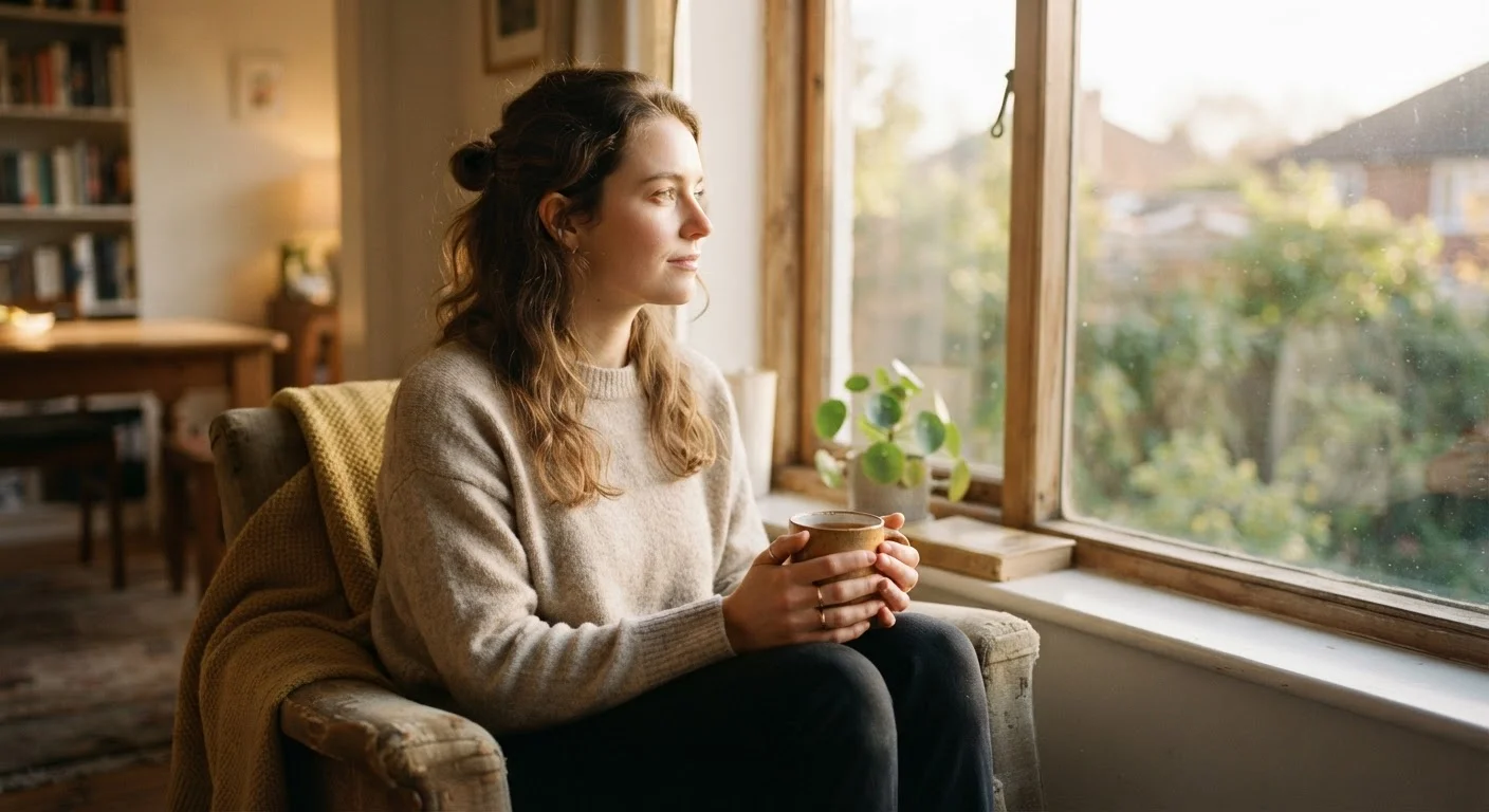A person sitting by a sunlit window holding a warm mug, looking calm and reflective