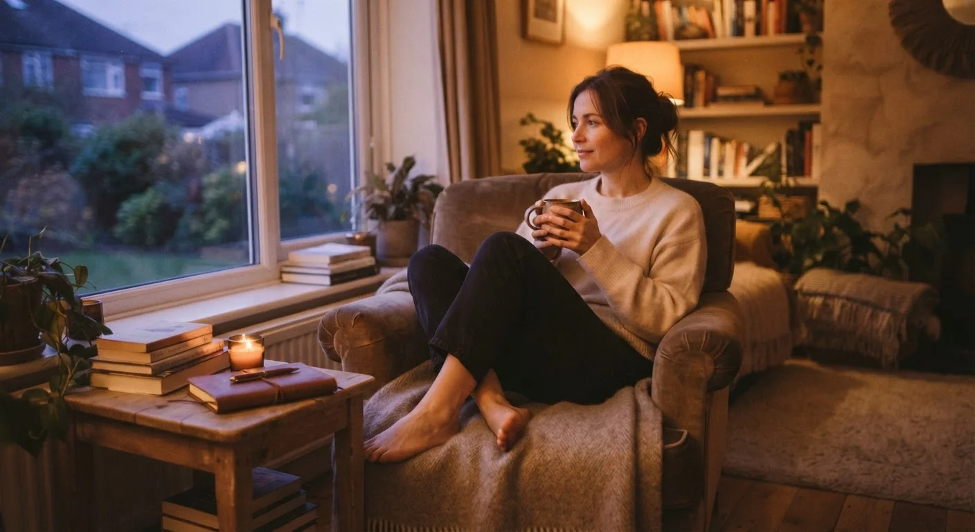 Person relaxing in an armchair at dusk with a warm cup of tea, unwinding after work