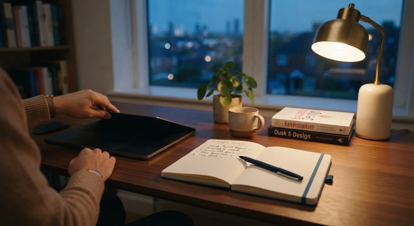 A neat desk with an open notebook and a laptop being closed at the end of the workday