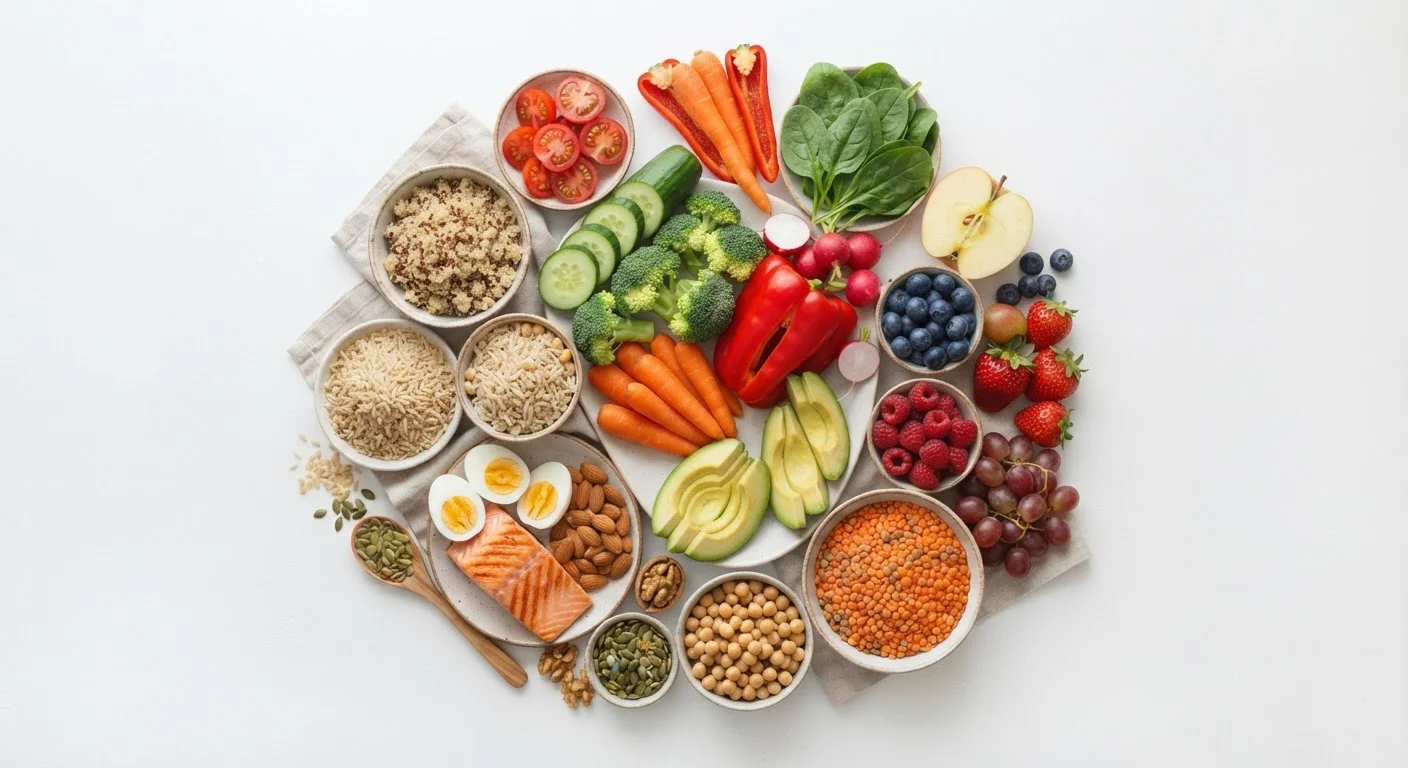 Assortment of whole foods including vegetables, grains, and proteins arranged on a white surface