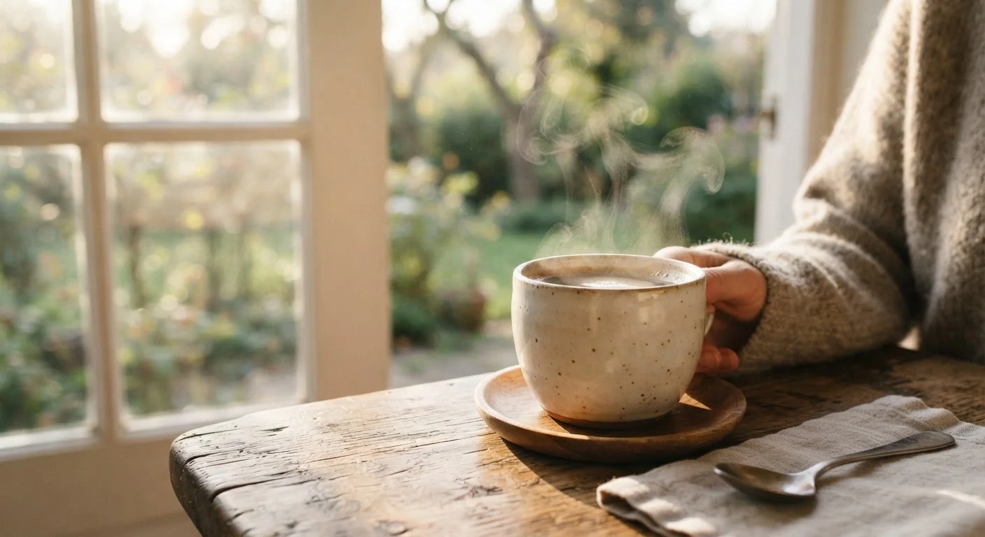 A warm cup of coffee resting on a wooden table bathed in gentle morning sunlight