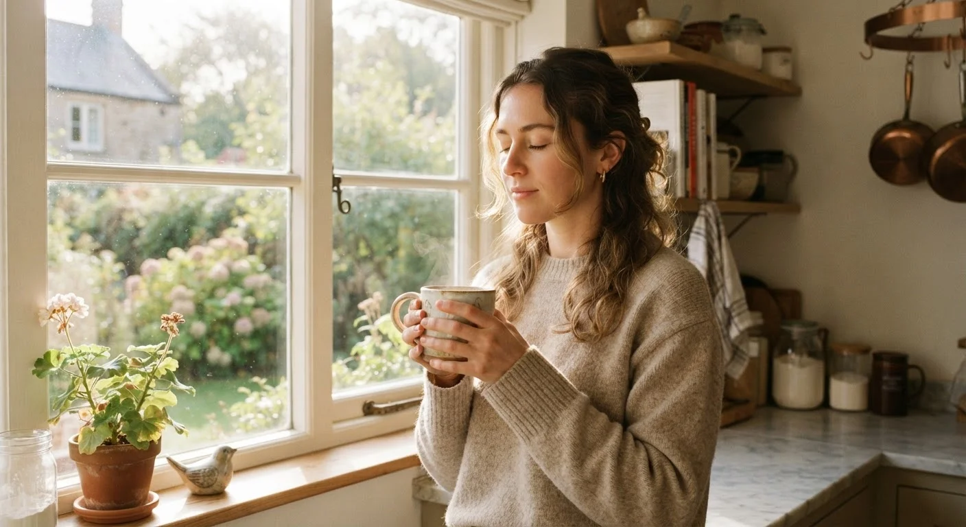 Person standing at a sunlit window holding a warm mug with eyes gently closed.