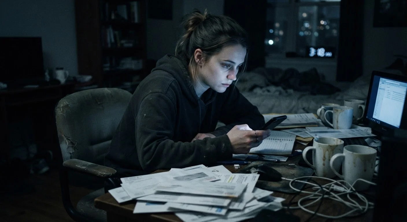 Person scrolling smartphone late at night at a cluttered desk, looking tense and fatigued.