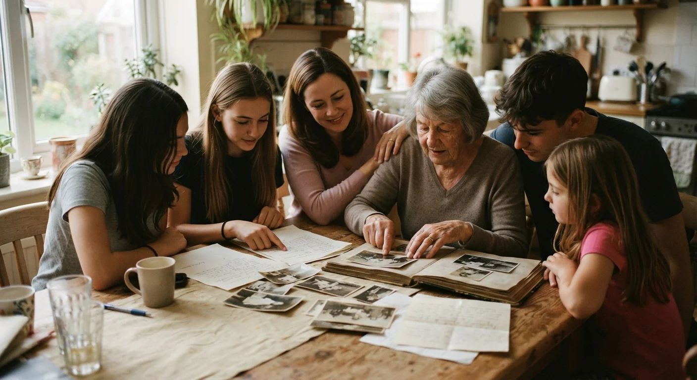 Multi-generational family sitting together reviewing health documents at a kitchen table