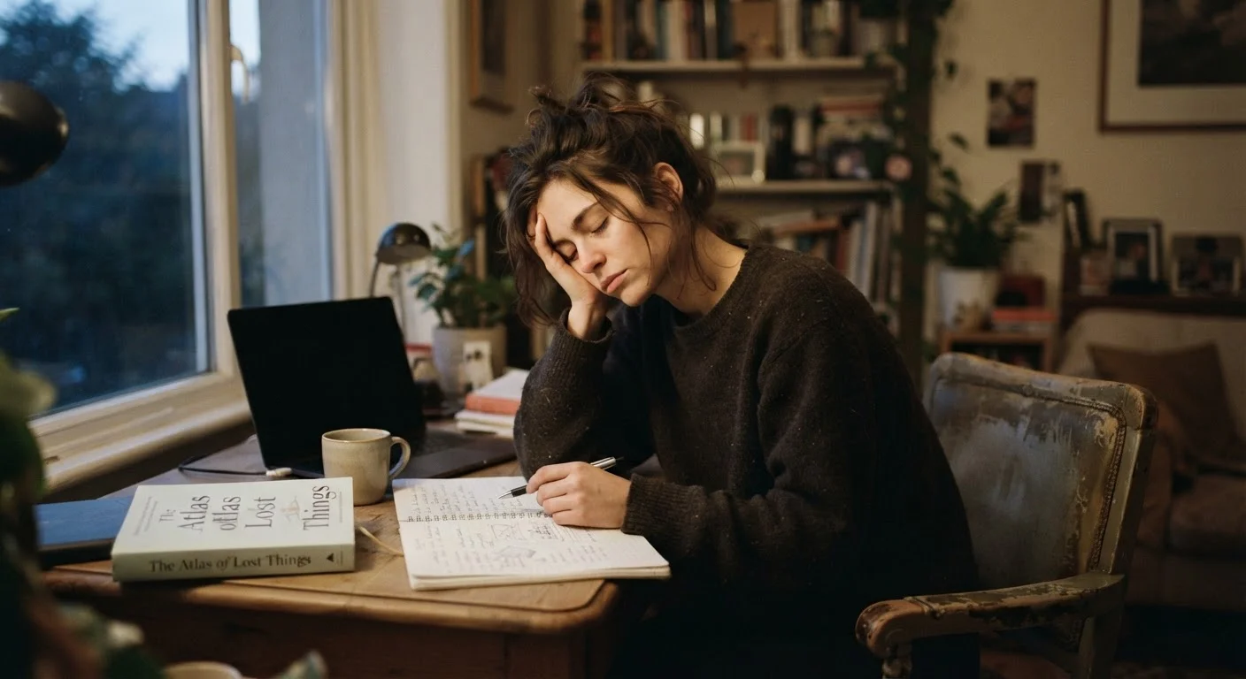 A person resting their head on their hand at a desk, appearing deeply fatigued