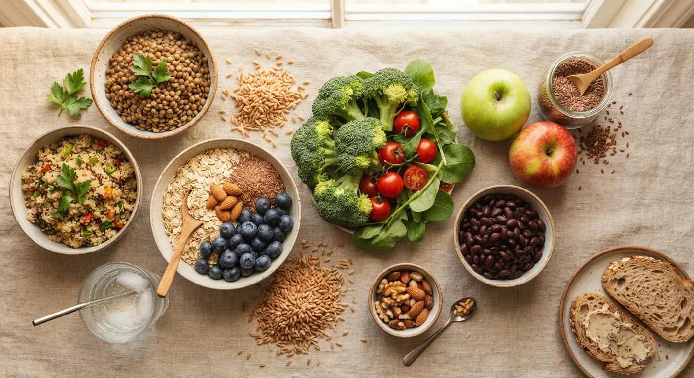 A flat-lay arrangement of high-fibre foods including whole grains, lentils, broccoli, and apples