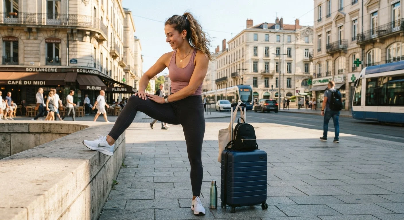 A traveler in athletic wear stretching on a busy city street beside a rolling suitcase