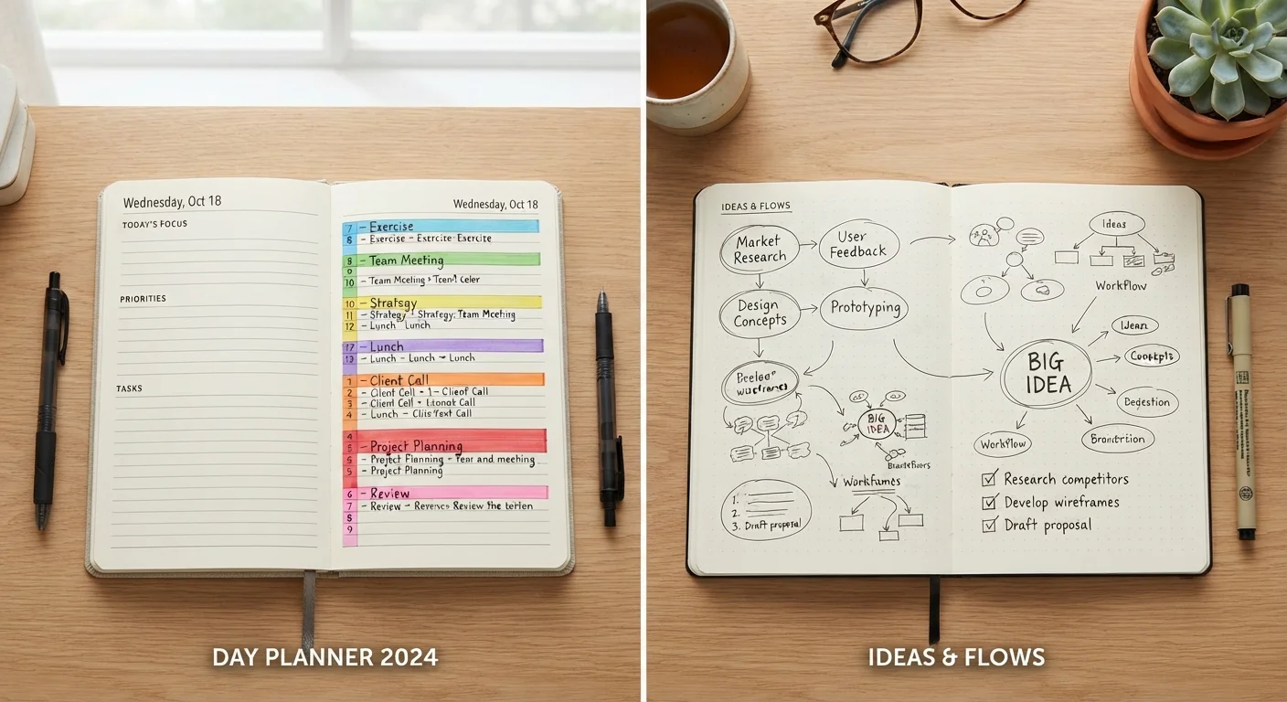 A structured planner with time blocks beside a flexible open notebook with loose scheduling notes