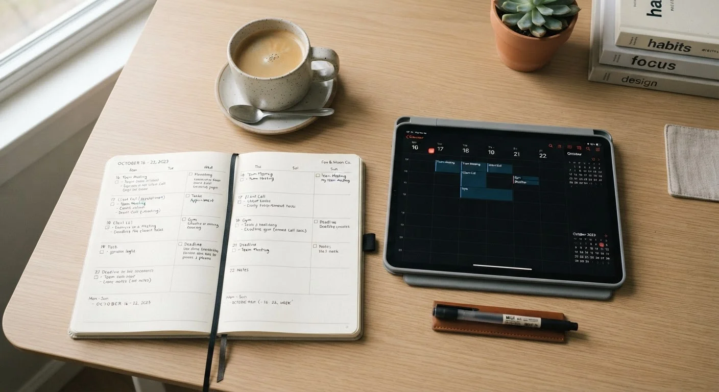 Weekly planner notebook and digital calendar side by side on a clean desk workspace.