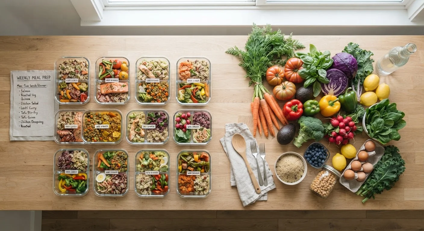 Organised meal plan grid next to fresh produce representing flexible eating choices on a kitchen counter