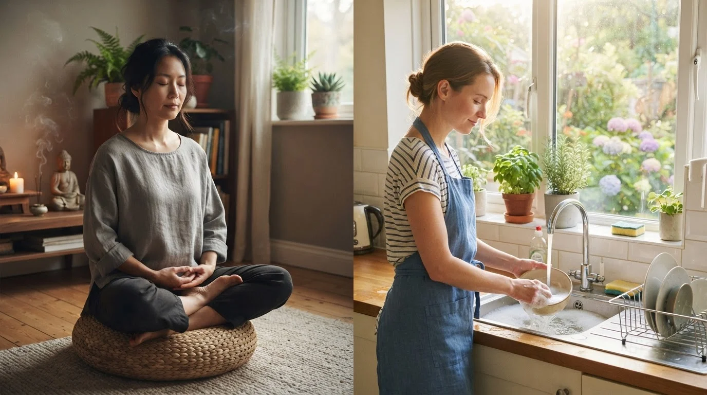 Split image showing formal seated meditation and informal mindful dishwashing in a bright kitchen.