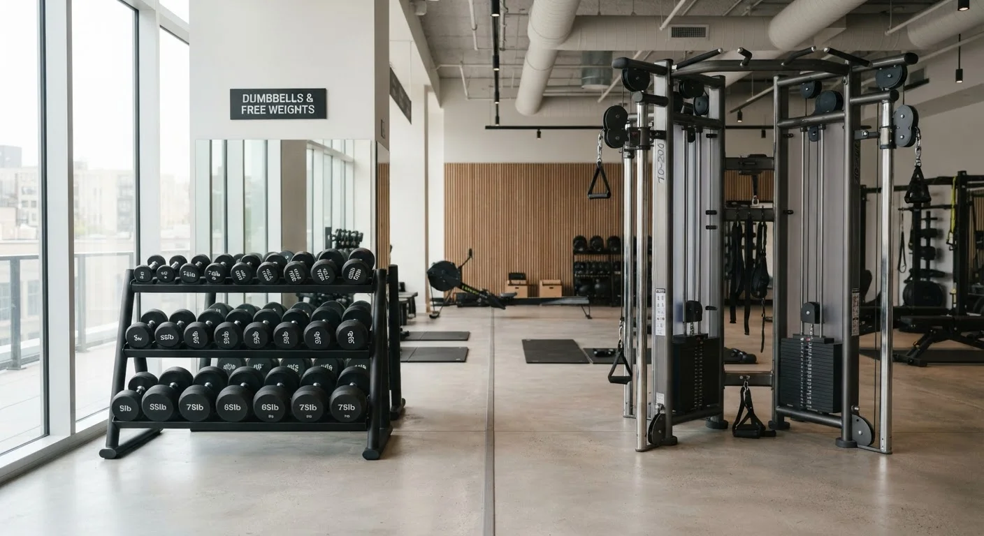 A gym split between a free weight dumbbell rack and a cable resistance machine