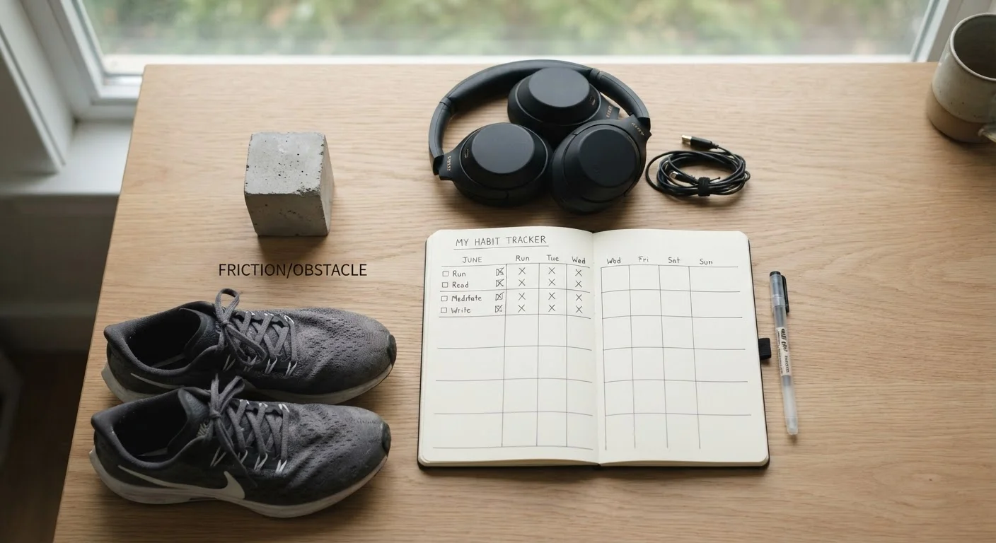 Habit tracking notebook alongside running shoes and headphones on a clean desk