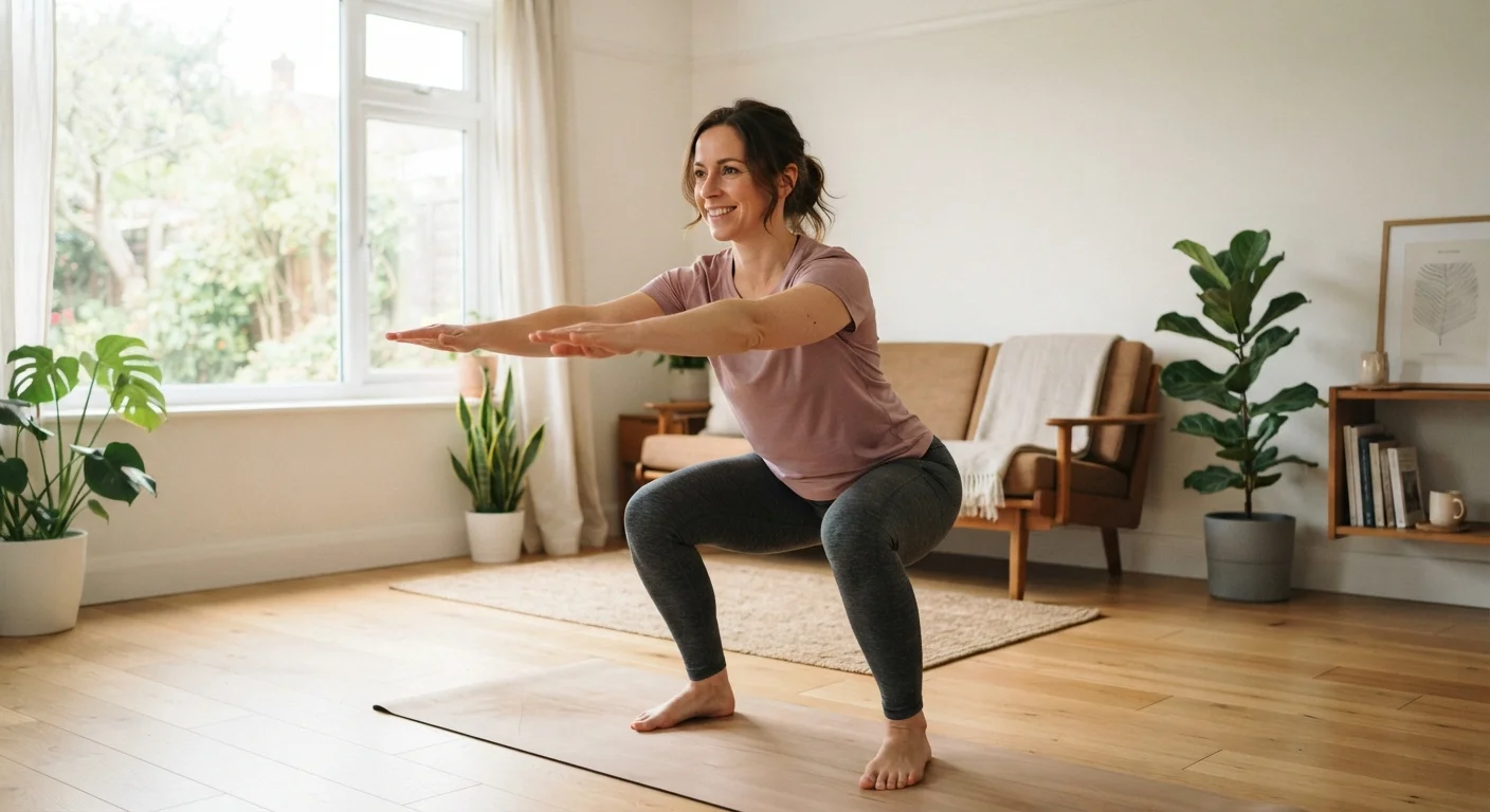 Adult in casual clothes performing a bodyweight squat in a sunlit living room with space cleared for exercise