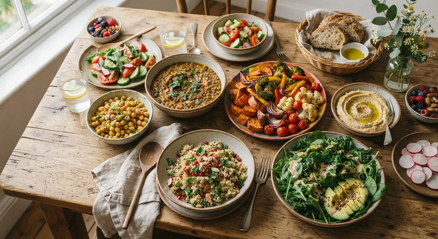 Colorful assortment of whole plant foods including lentils, vegetables, and grains on a wooden table
