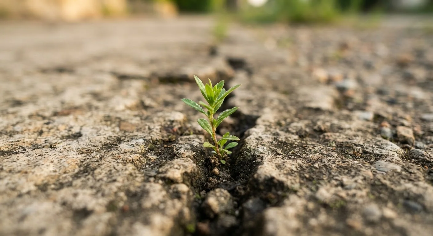 A small green plant emerging through a crack in broken concrete, symbolizing growth through adversity