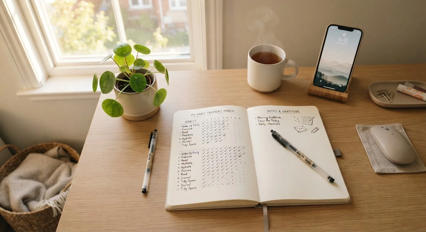 Open habit tracker journal on a clean desk with morning light and a small plant