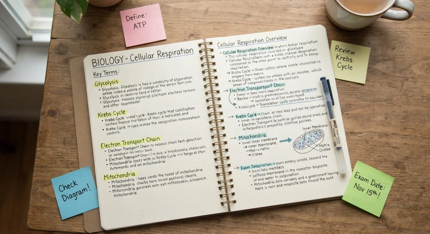 Notebook with habit science terms written in organized, color-coded handwriting on a desk.