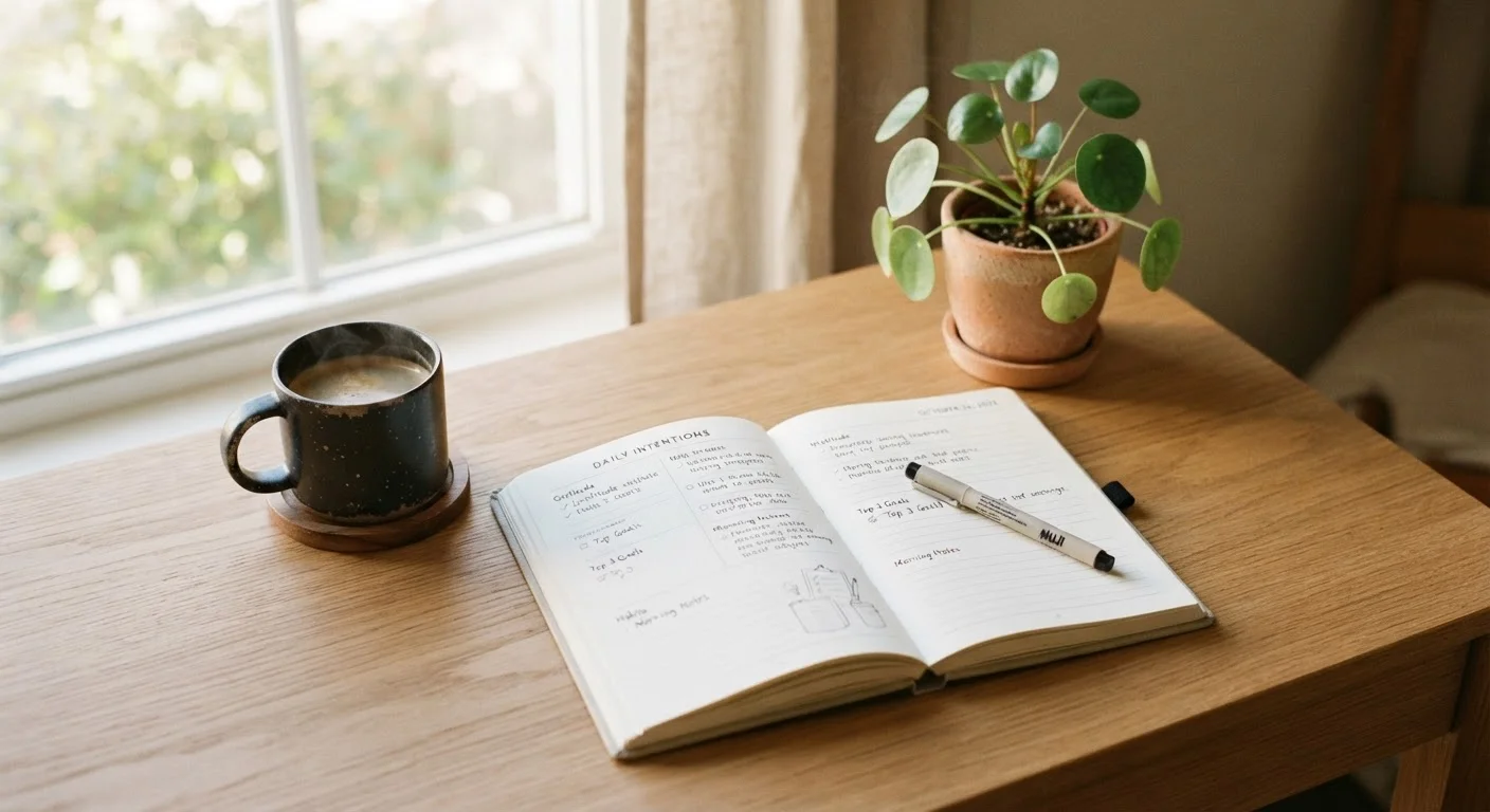 Sunlit desk with a journal, coffee mug, and plant representing a calm morning routine