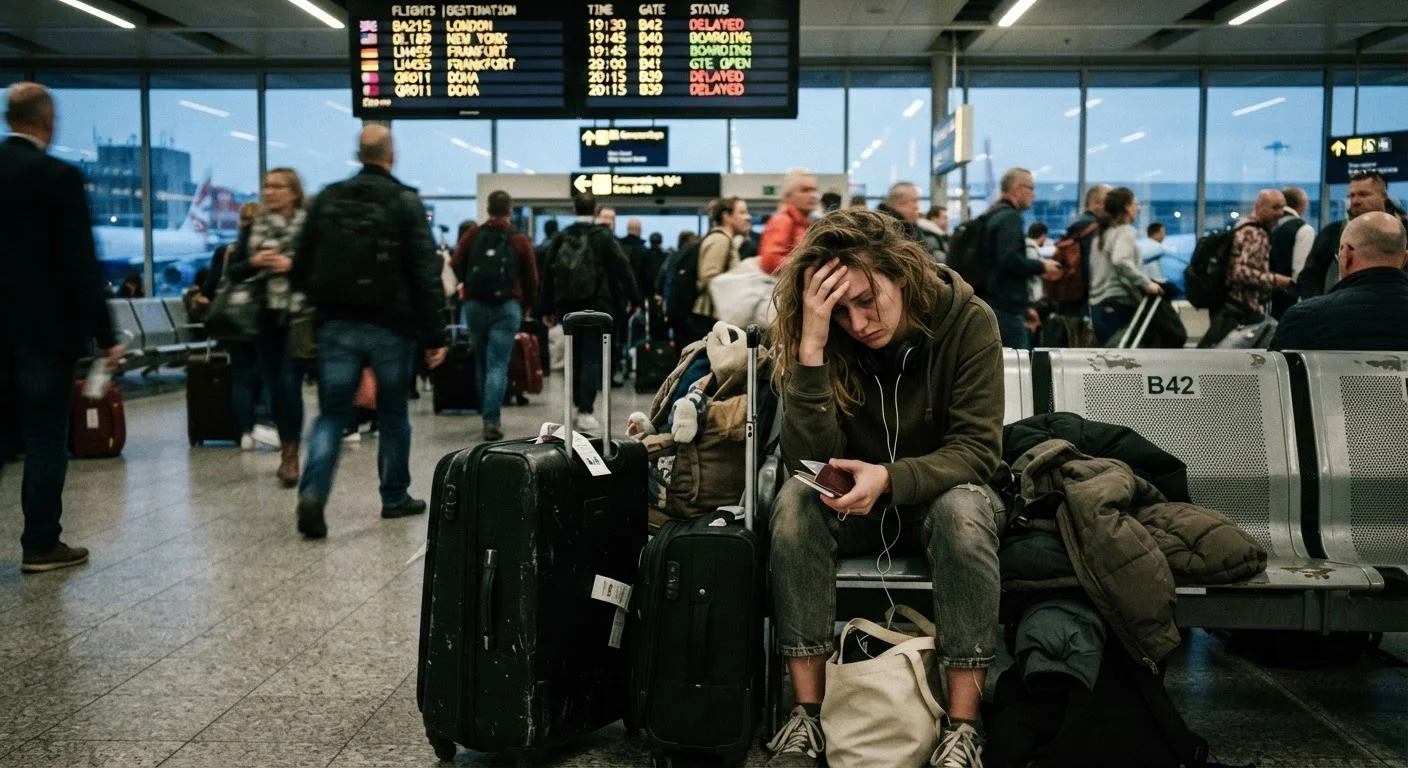 A stressed traveller sitting alone in a crowded airport terminal with luggage nearby