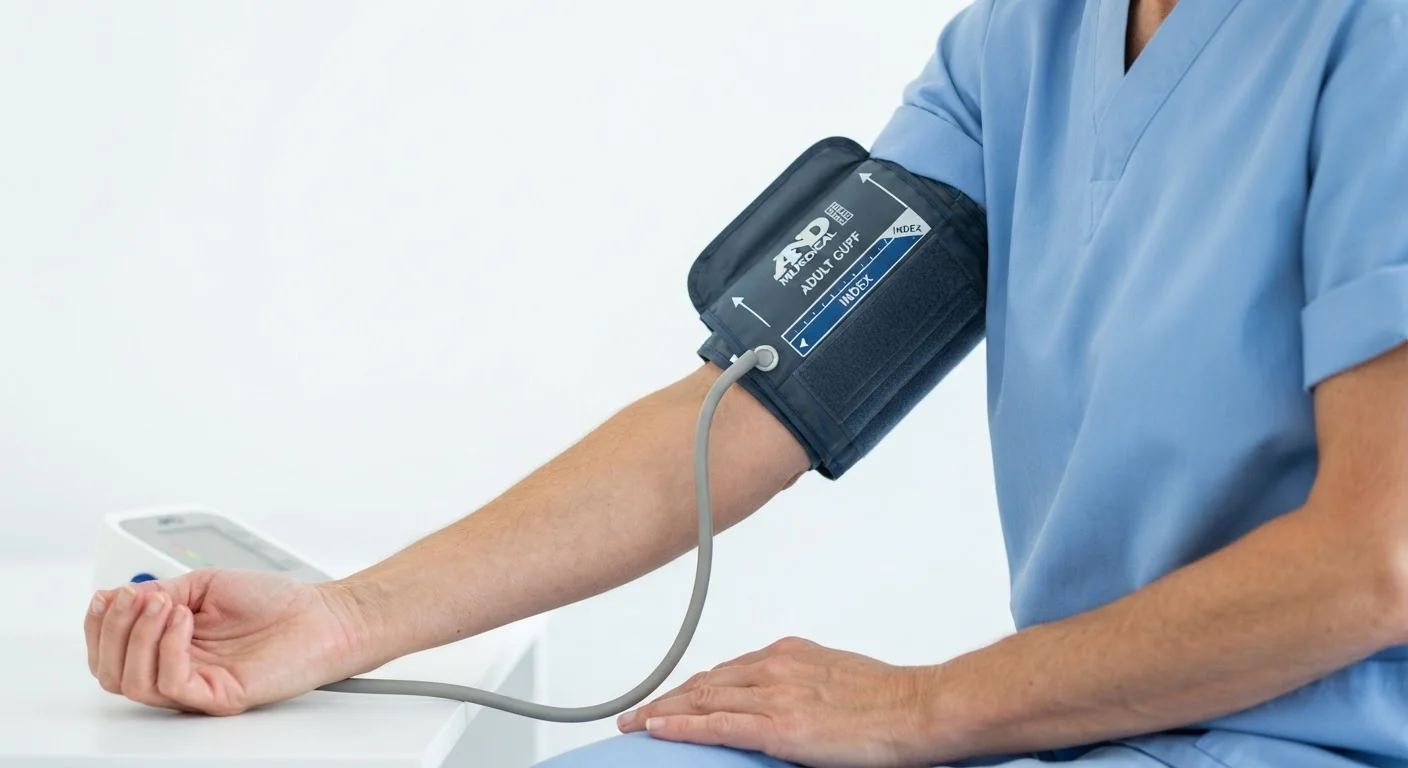 An adult's arm wearing a blood pressure monitor cuff displaying a reading