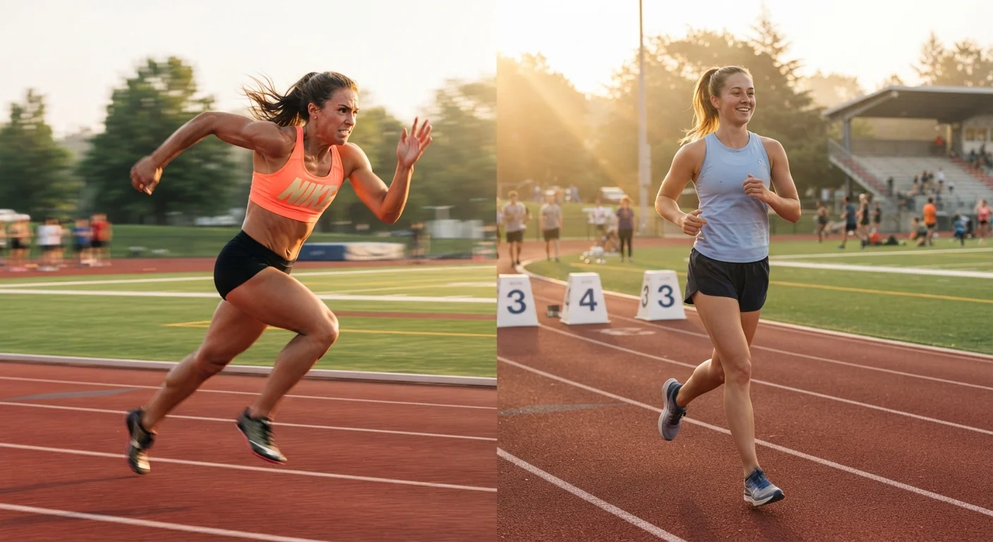 One athlete sprinting while another jogs at a steady pace on an outdoor running track
