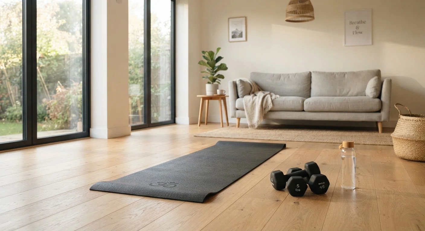 A tidy living room set up for a home workout with a yoga mat and minimal equipment.