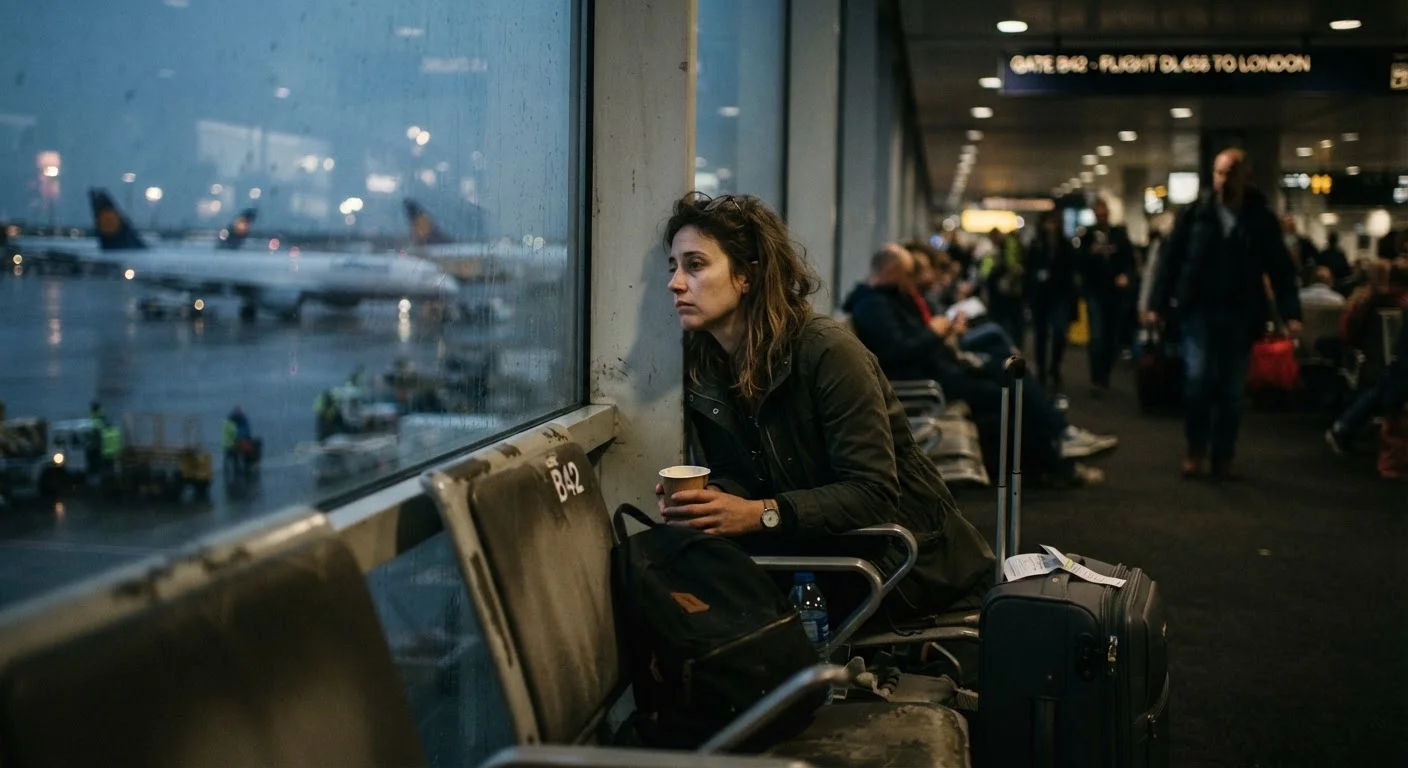 A lone traveler sitting reflectively in a busy airport terminal, gazing through a large window