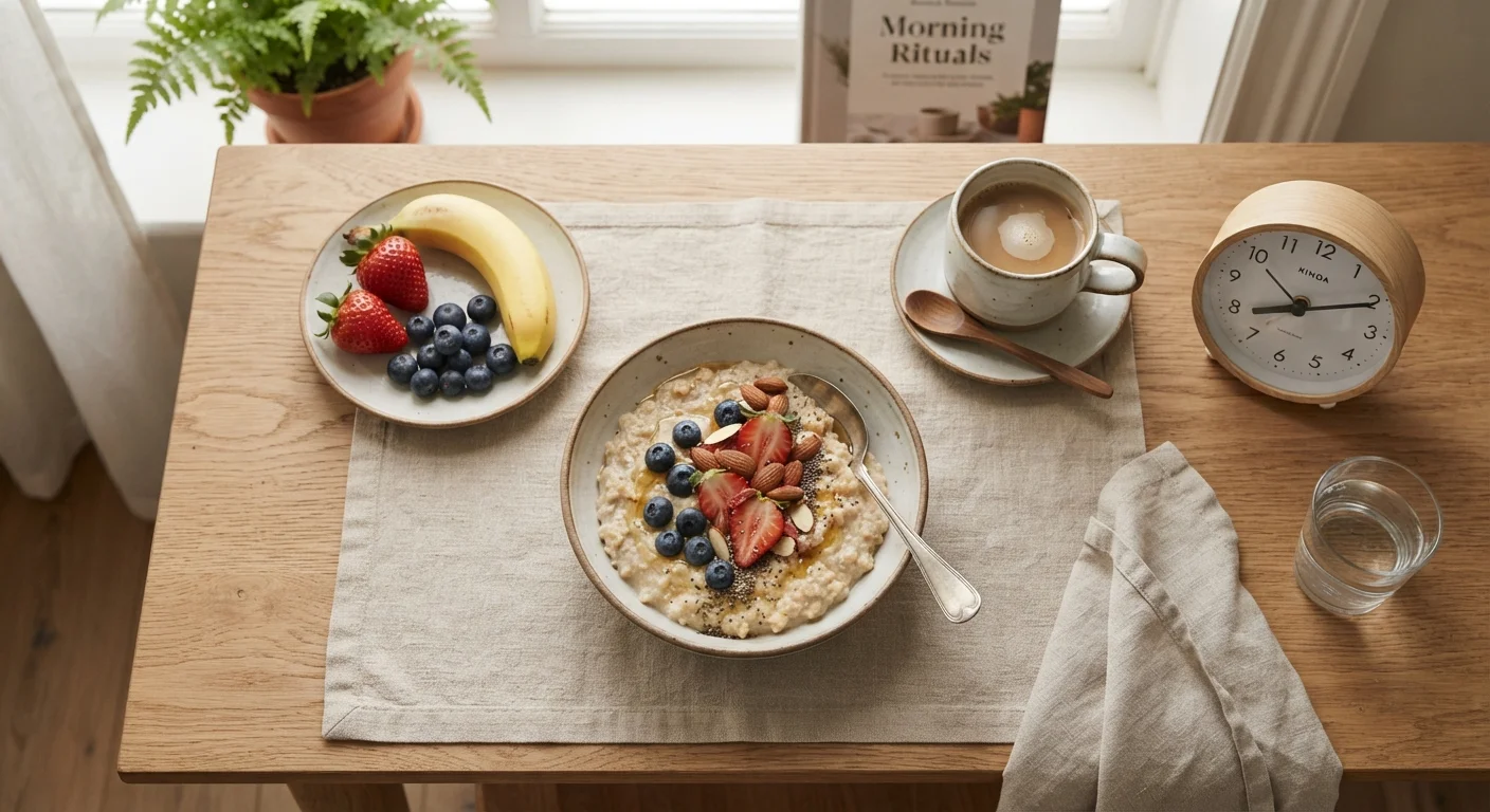 Overhead view of a healthy breakfast spread on a table beside a clock