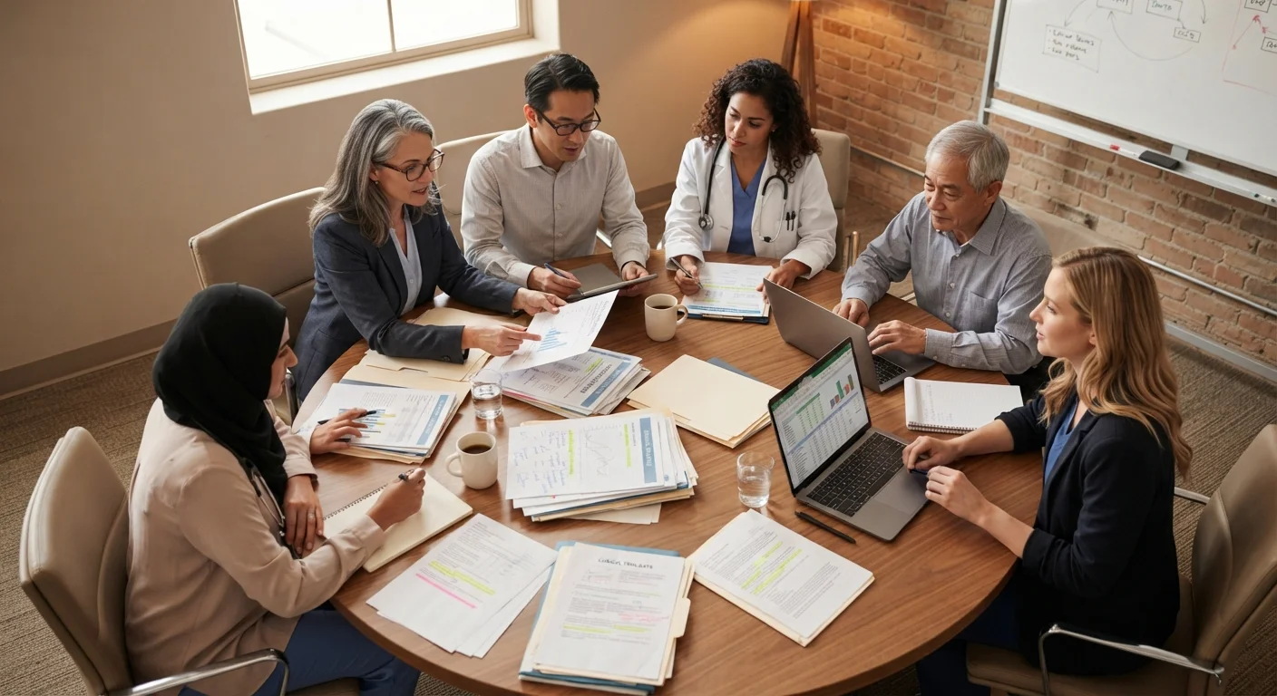 Medical experts reviewing clinical research documents around a conference table to set health screening guidelines