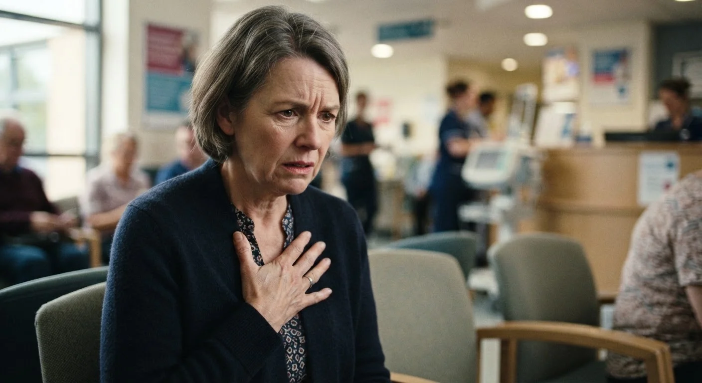 Person holding chest with a concerned expression, suggesting physical discomfort from stress