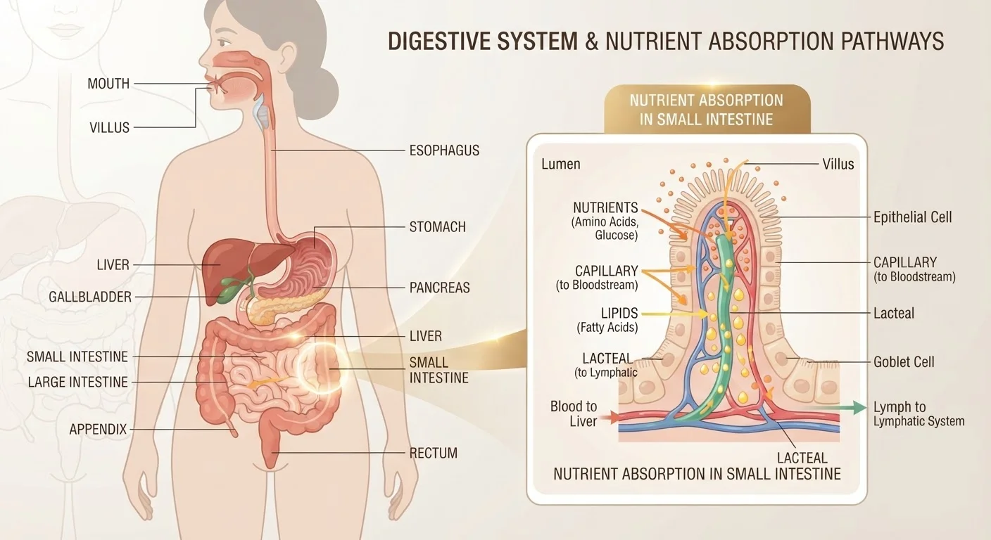 Illustrated diagram of the human digestive system highlighting nutrient absorption in the small intestine