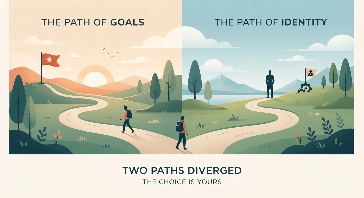 Two diverging paths representing identity-based and outcome-based approaches to habit building