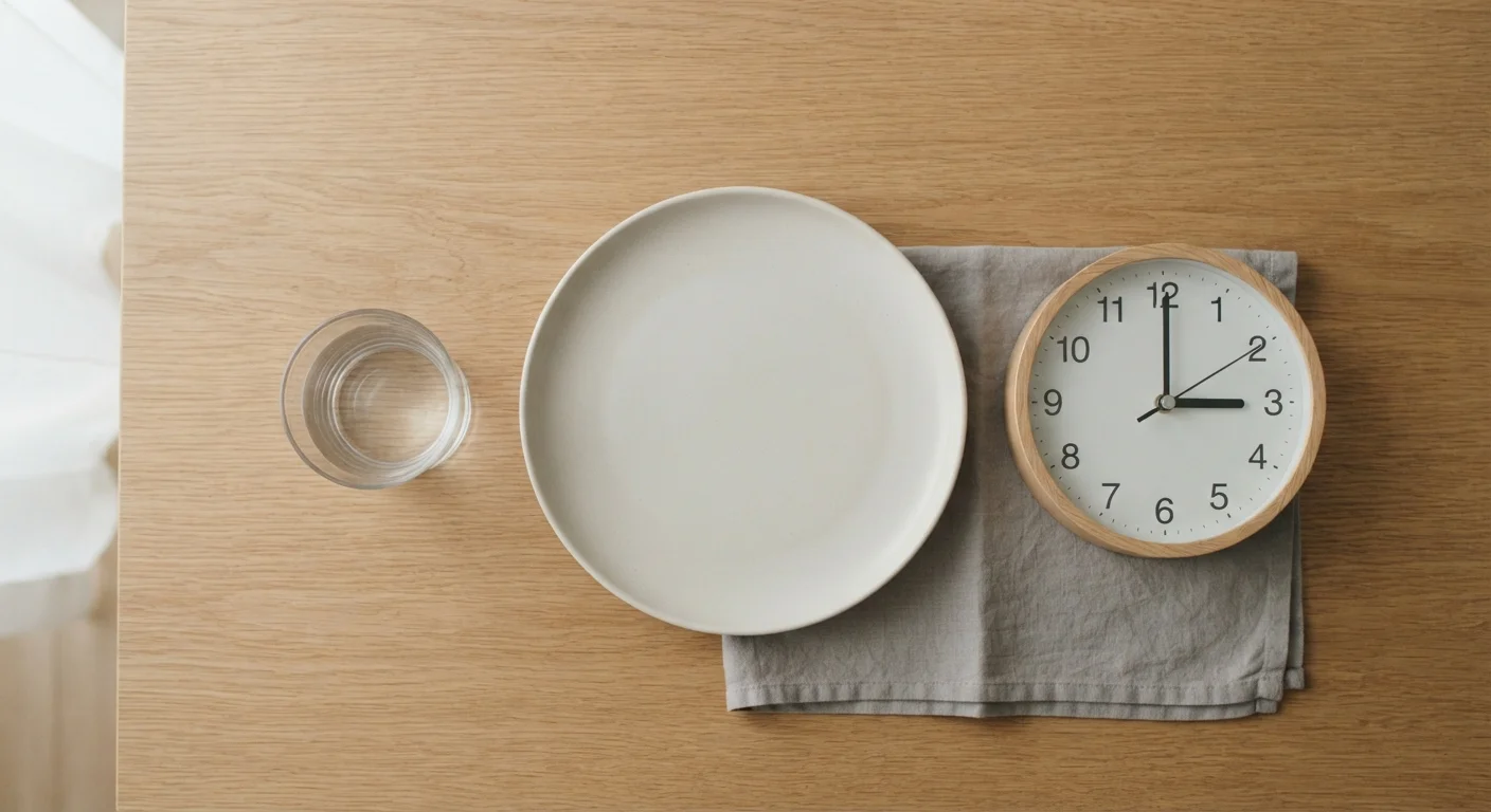 Empty plate, glass of water, and analog clock on a kitchen table representing a fasting window