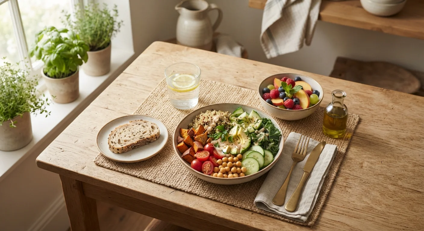 A nourishing, colorful meal spread on a sunlit kitchen table with vegetables, grains, and fruit.