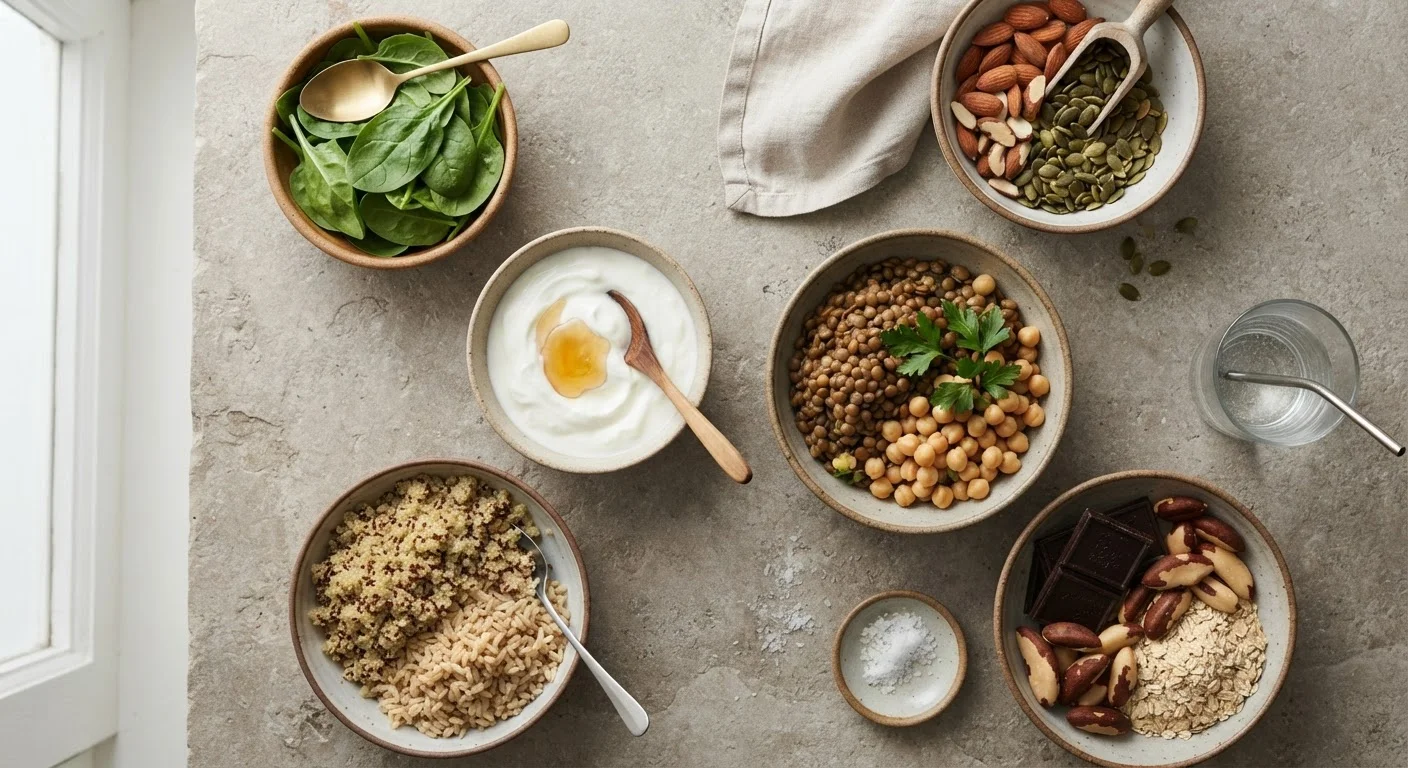 Assortment of mineral-rich foods including leafy greens, nuts, seeds, and legumes arranged on a stone surface