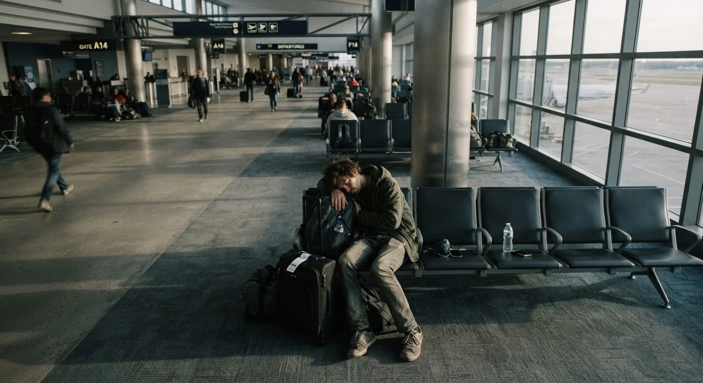 A tired traveler resting in an airport terminal seat with luggage nearby