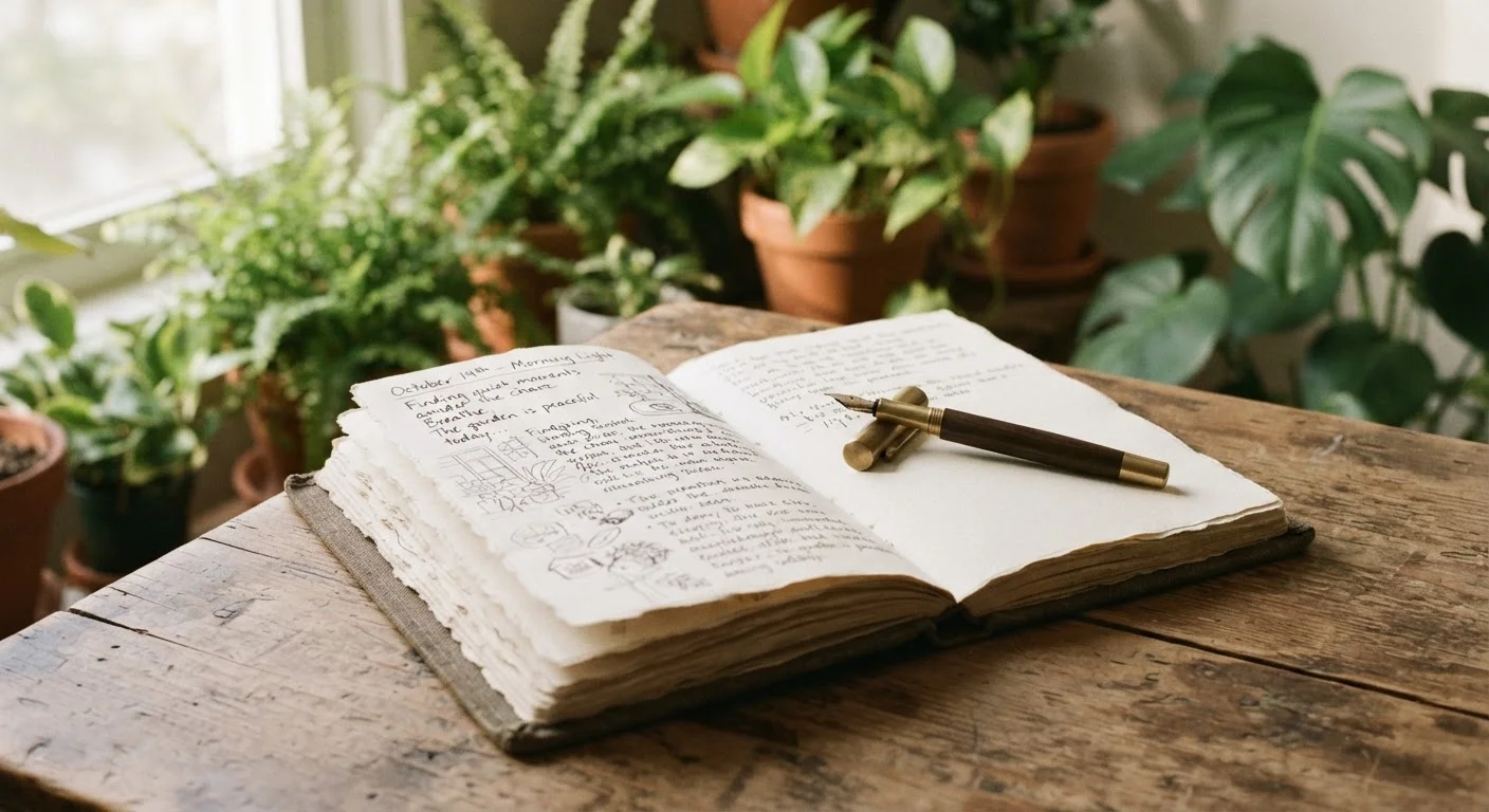 An open journal with a pen resting on it in soft natural light