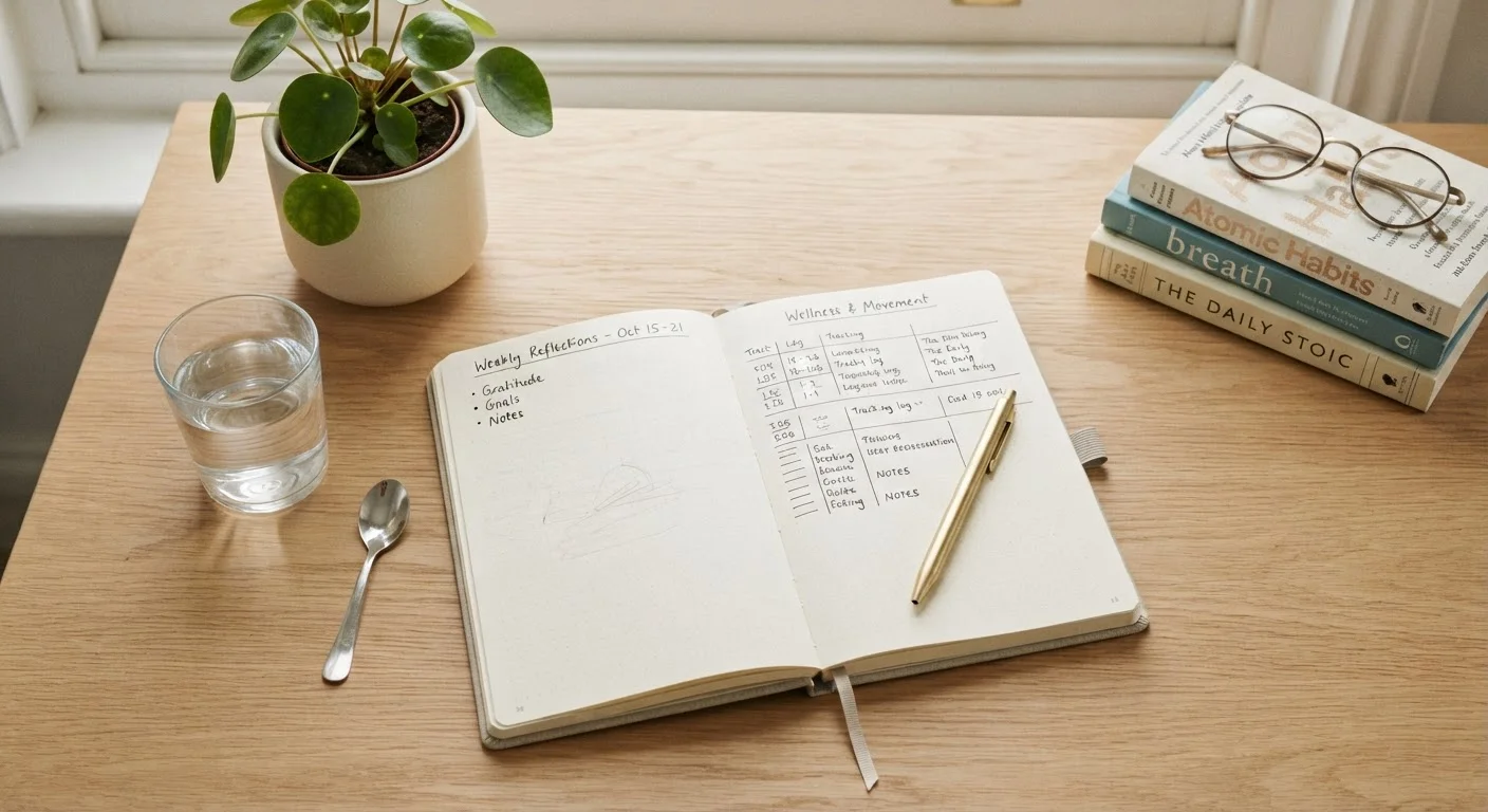 Open notebook with a pen on a tidy desk, ready for symptom journaling