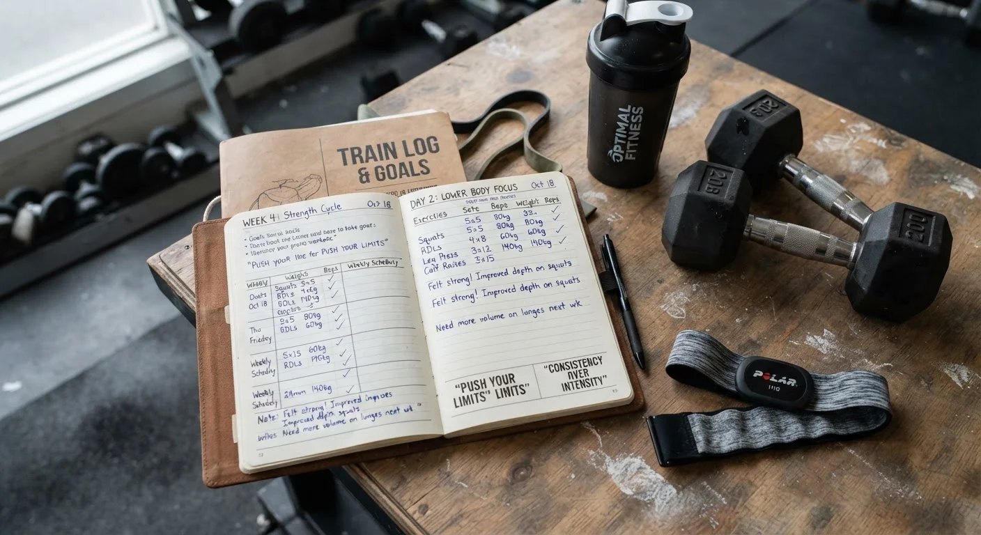 Fitness journal with training notes alongside dumbbells and a heart rate monitor on a gym floor
