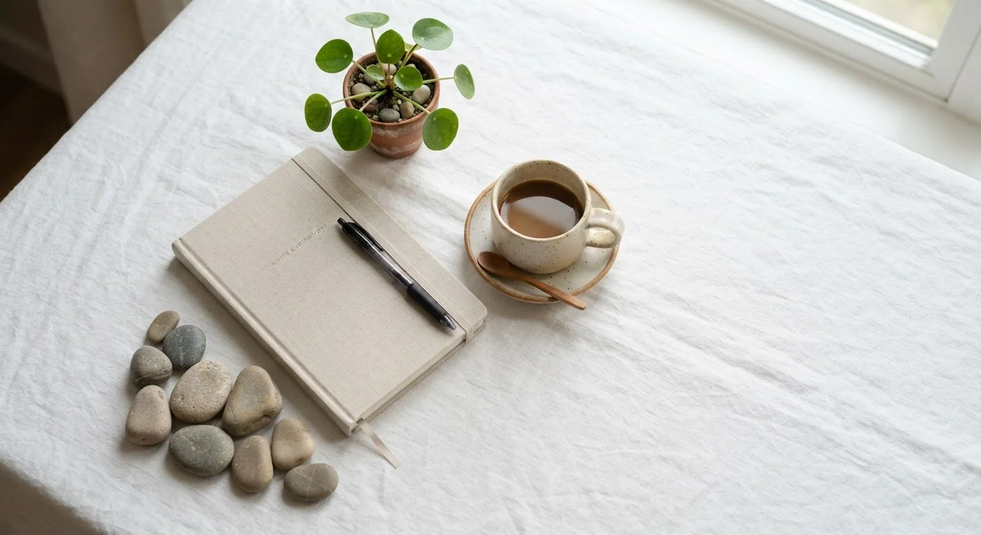 Minimalist journal, plant, stones, and mug arranged on a linen surface representing mindful living