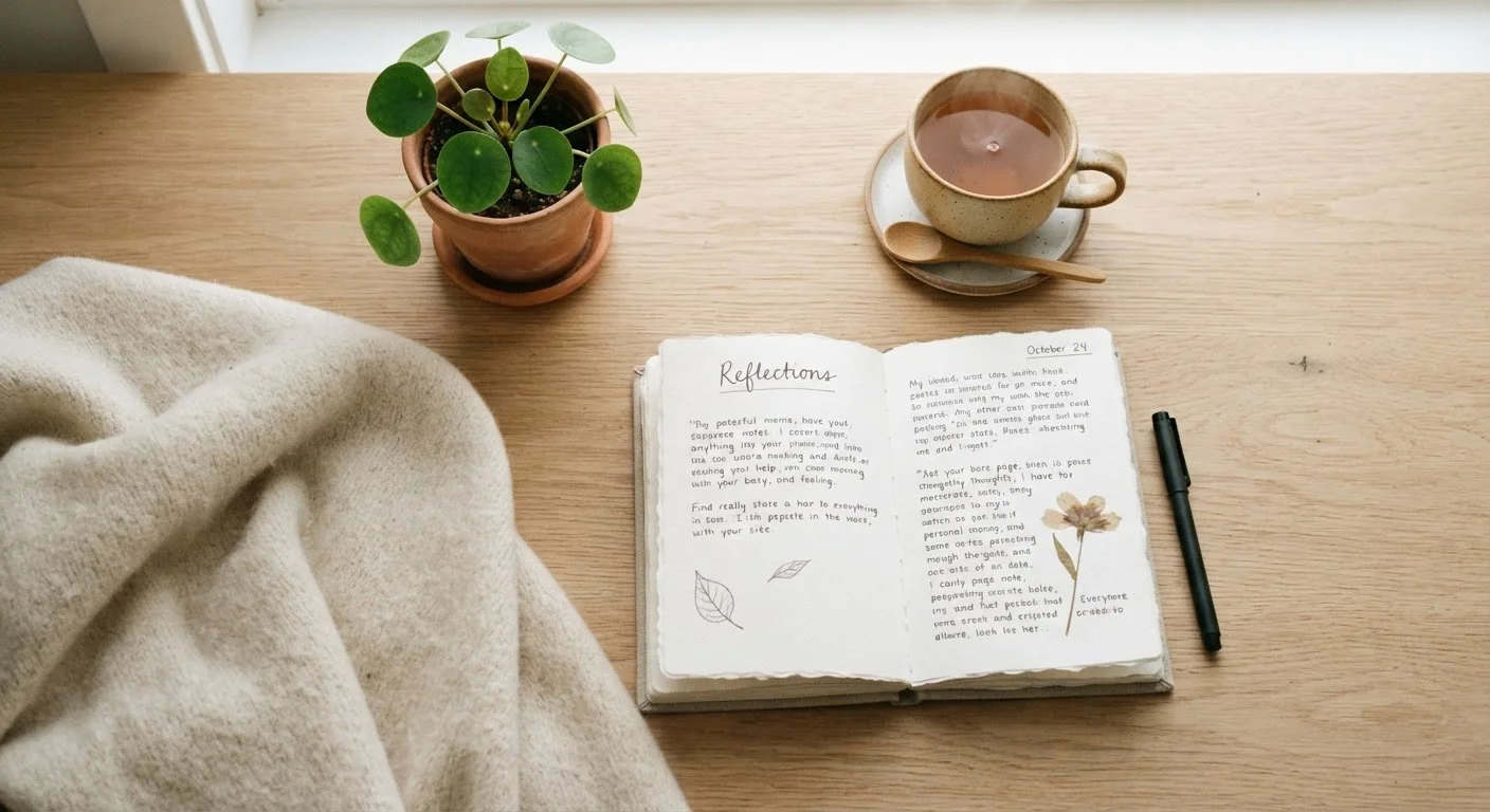 Cozy rest setup with blanket, journal, tea cup, and plant on wooden surface