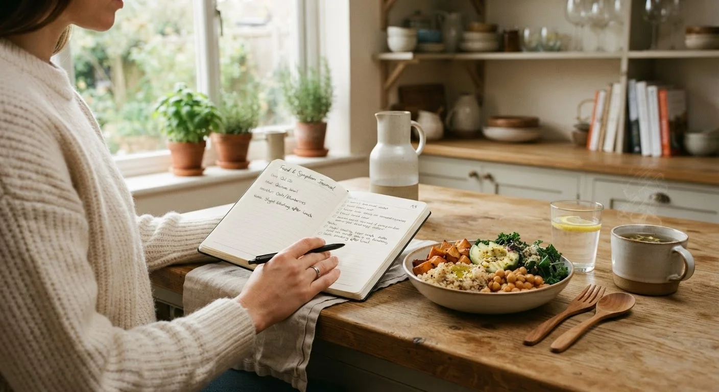 A person reviewing a food and symptom journal beside a wholesome meal in a bright kitchen.