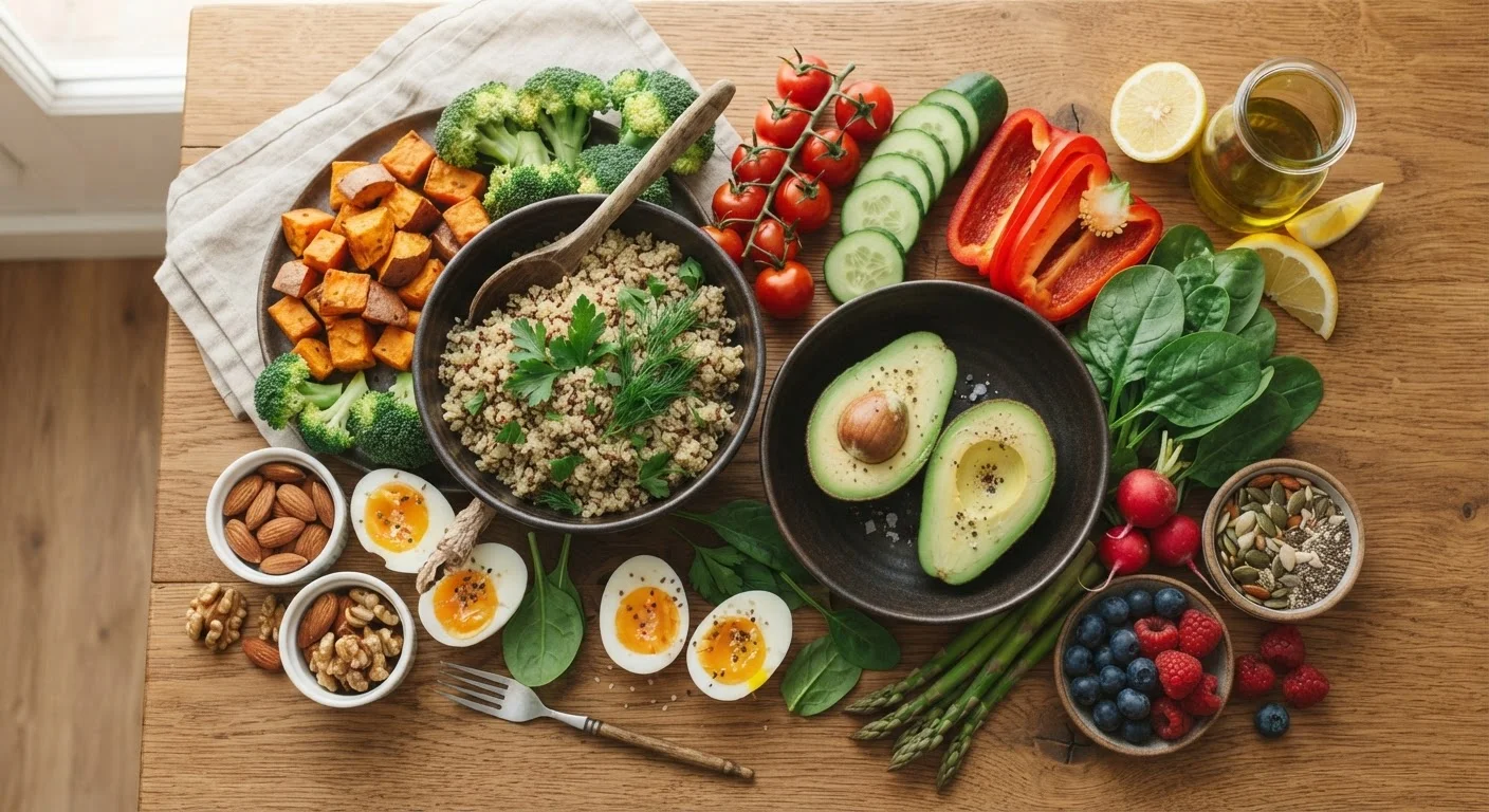 Overhead view of diverse whole foods including vegetables, nuts, eggs, and avocado on a wooden table