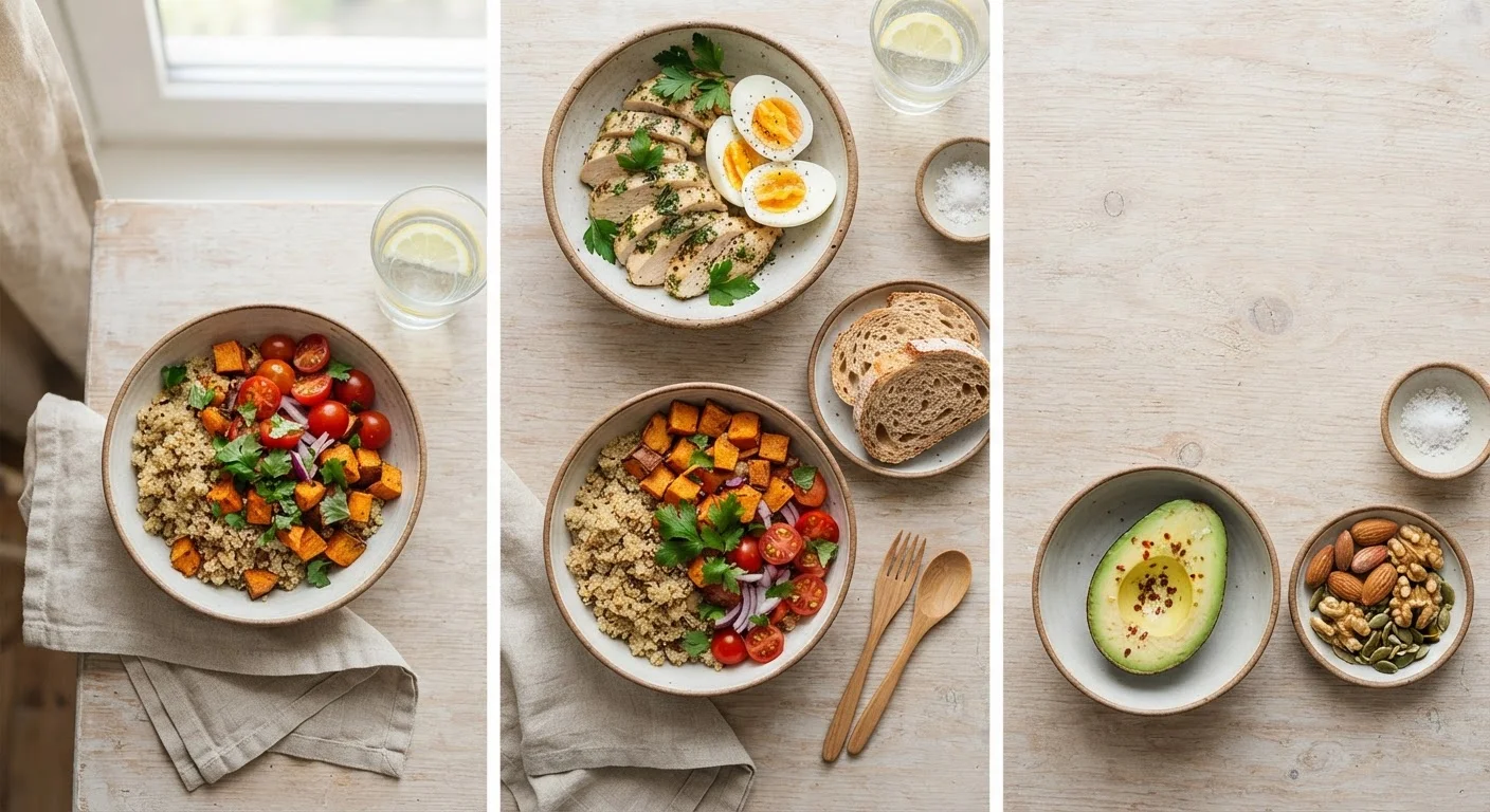 Overhead flat-lay showing protein, carbohydrate, and fat food sources arranged separately on a wooden surface.