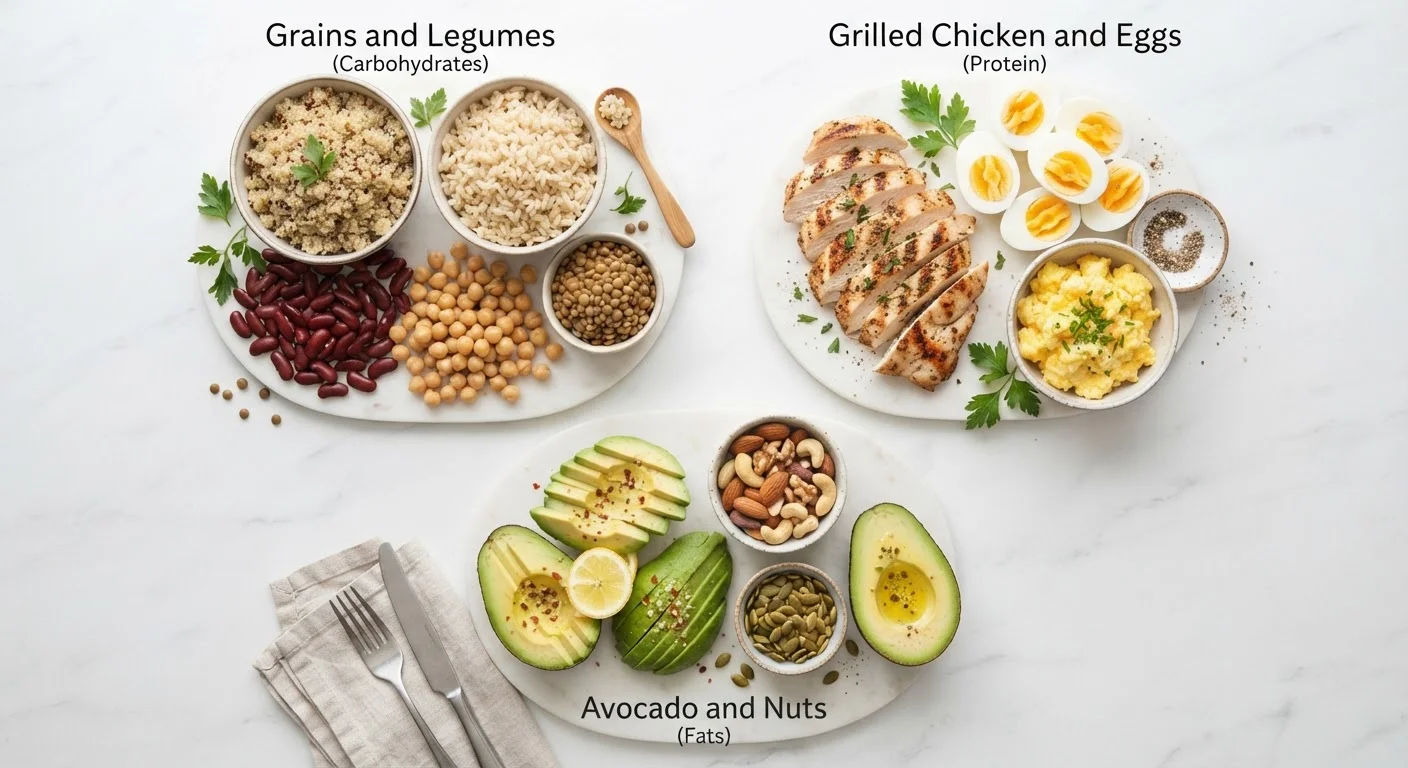 Whole food sources of carbohydrates, protein, and fat arranged in three separate groups on a white surface