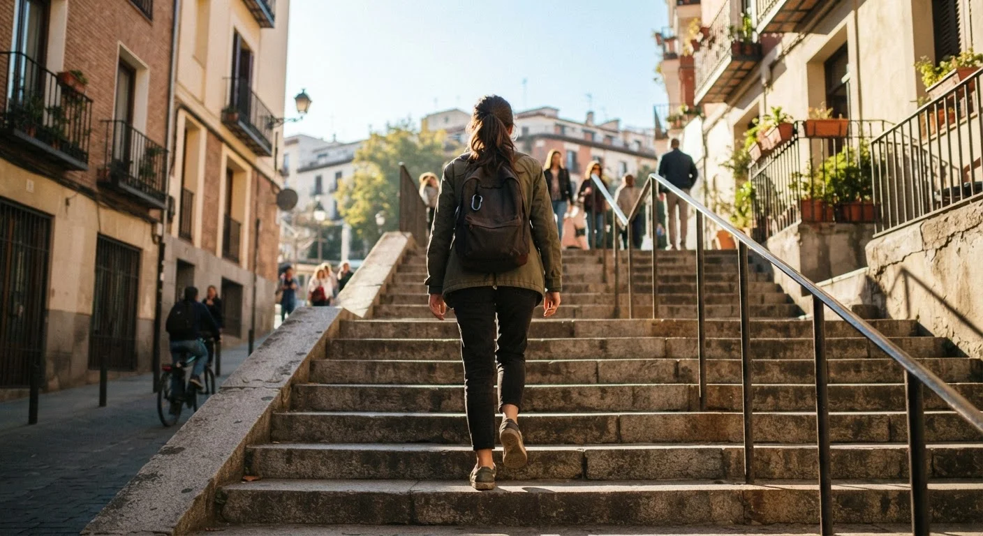 Person walking up sunlit outdoor stairs as part of a daily movement habit