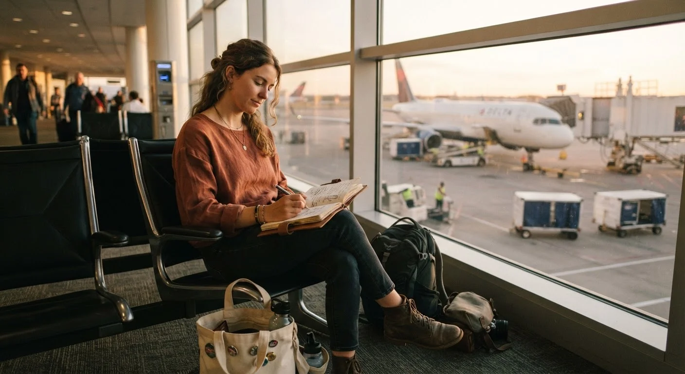 Traveller sitting at an airport window writing in a journal with soft natural light