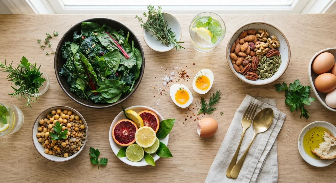 Assortment of nutrient-dense whole foods including greens, nuts, legumes, and citrus on a wooden surface.